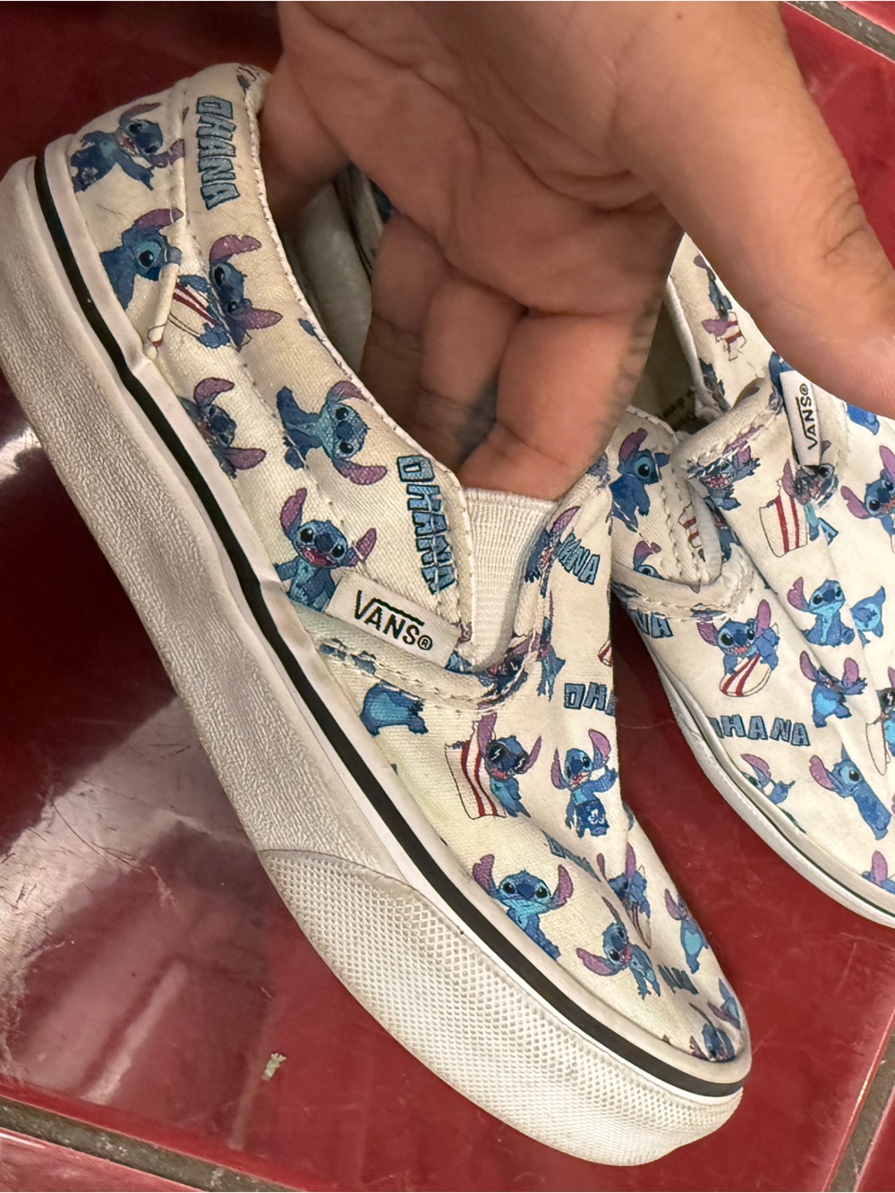 Disney x Vans White Slip-On Sneakers with Blue Stitch Character Print
